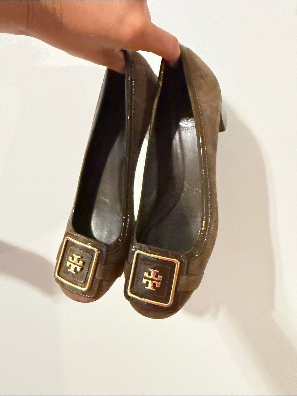 Tory Burch Brown Leather Logo Square-Toe Flats with Gold Hardware